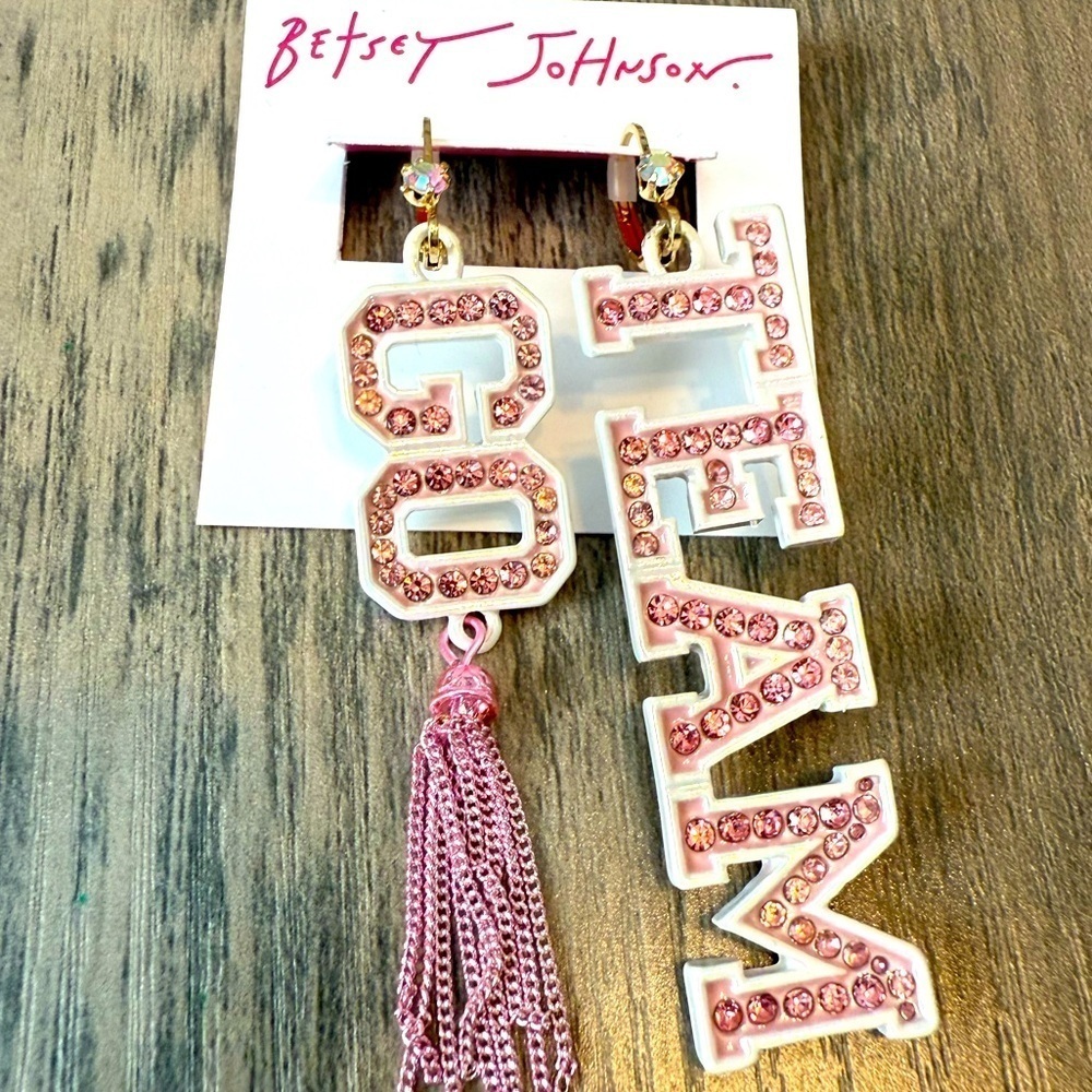 Betsey Johnson GO TEAM Pink Rhinestone Long Drop Earrings Mismatched NWT